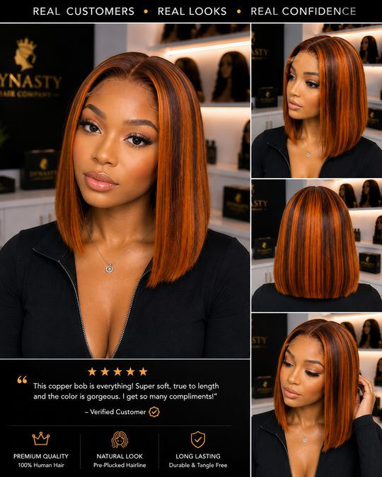 Copper Glow Bob   4x4 Transparent Lace Frontal • Copper Highlight Bob