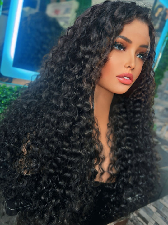 Water Wave 13x4 Frontal Lace Glueless Free Part Long Curly Wig 100% virgin hair 26”